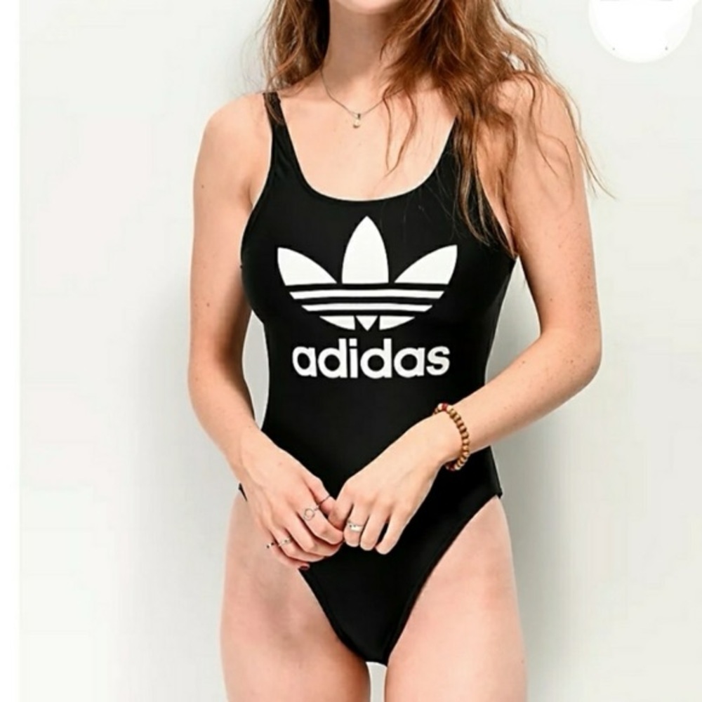 Adidas Black White Logo One Piece Swimsuit Low Back Sporty Athletic Bodysuit